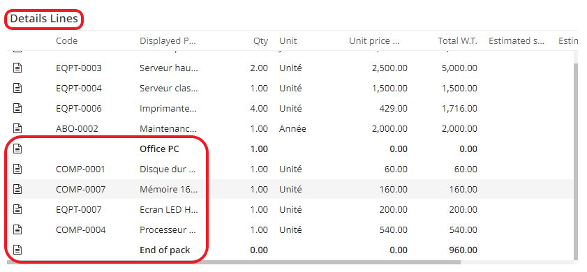 1.4. Once created and added, the pack and its components are going to be displayed in the Detail lines table on the quotation file. It's possible to either add new lines (a new Sales Order Line) or click on an existing line.
